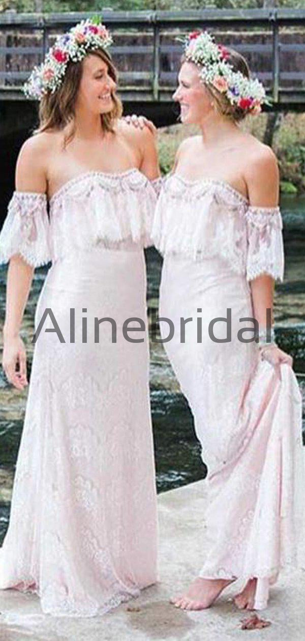 Off Shoulder Lace Light Pink Boho Wedding Bridesmaid Dresses