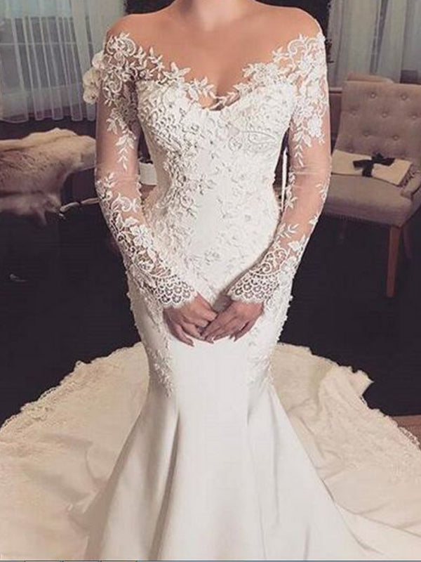 Off Shoulder Lace Long Sleeve Mermaid Wedding Dresses AB1519 AlineBridal