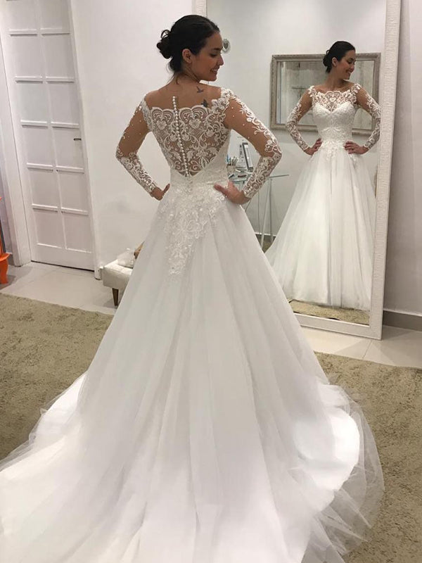 Off Shoulder Long Sleeve Lace Tulle Ball Gown Wedding Dresses