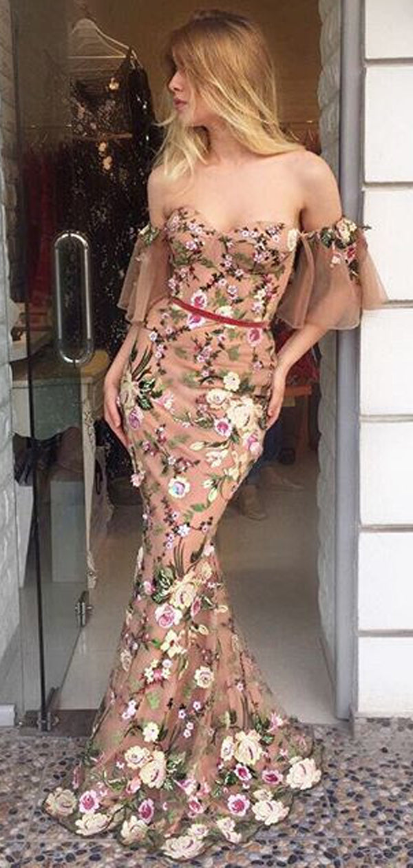 Off Shoulder Nude Embroidery Floral Mermaid Prom Dresses,PD00170 AlineBridal Off Shoulder Nude Embroidery Floral Mermaid Prom Dresses,PD00170 AlineBridal