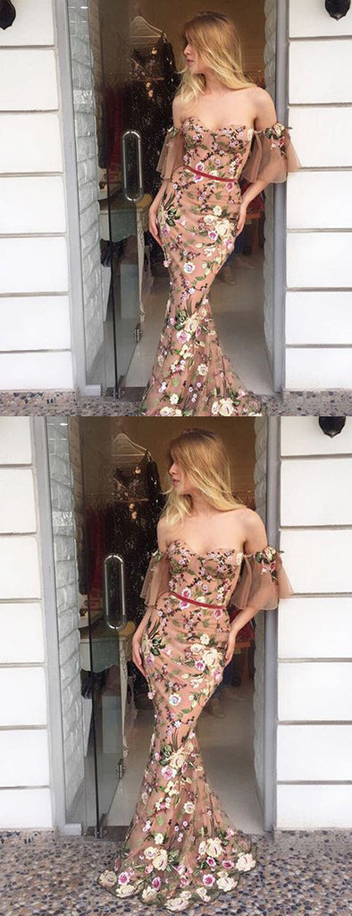 Off Shoulder Nude Embroidery Floral Mermaid Prom Dresses,PD00170