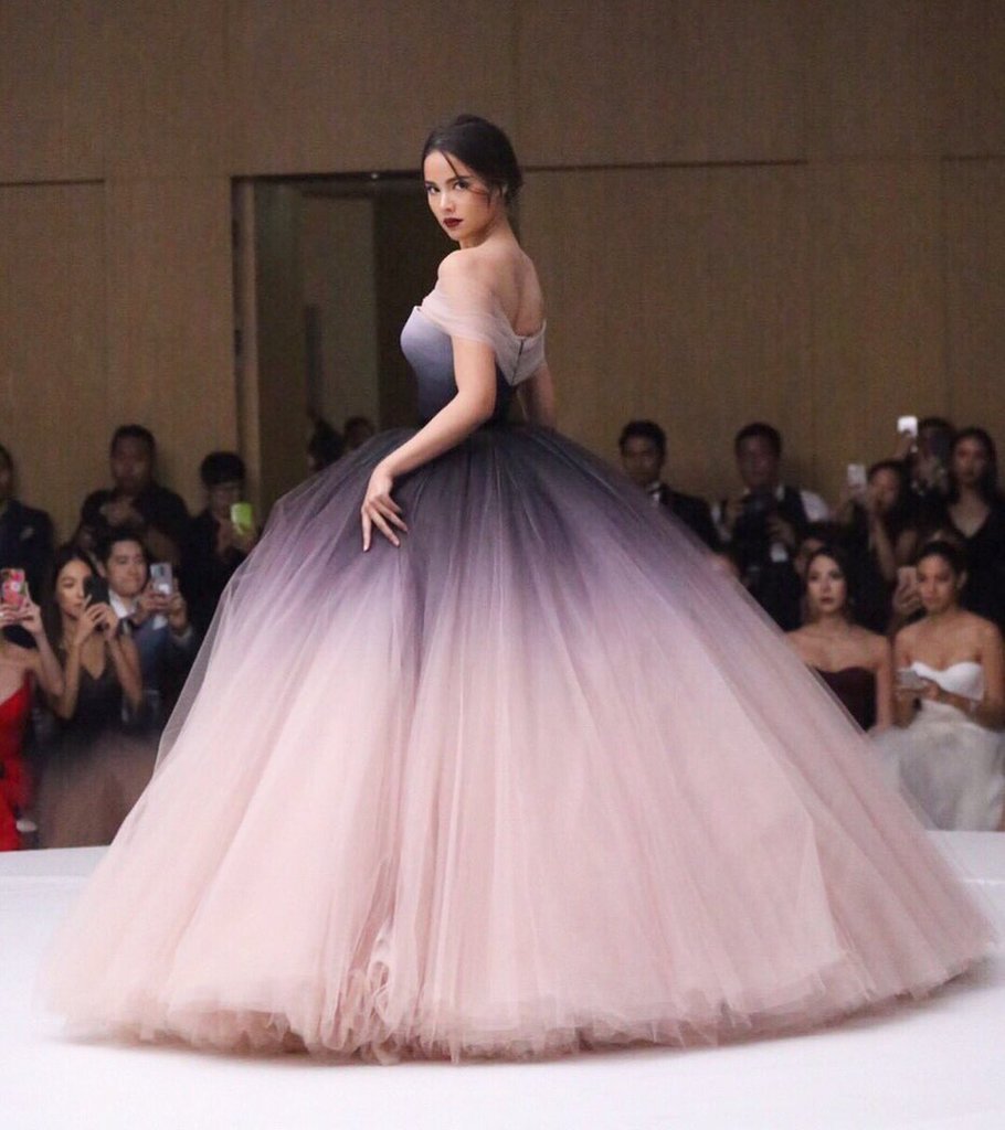 Off Shoulder Ombre Purple Pink Tulle Ball Gown Prom Dresses PD00316 AlineBridal