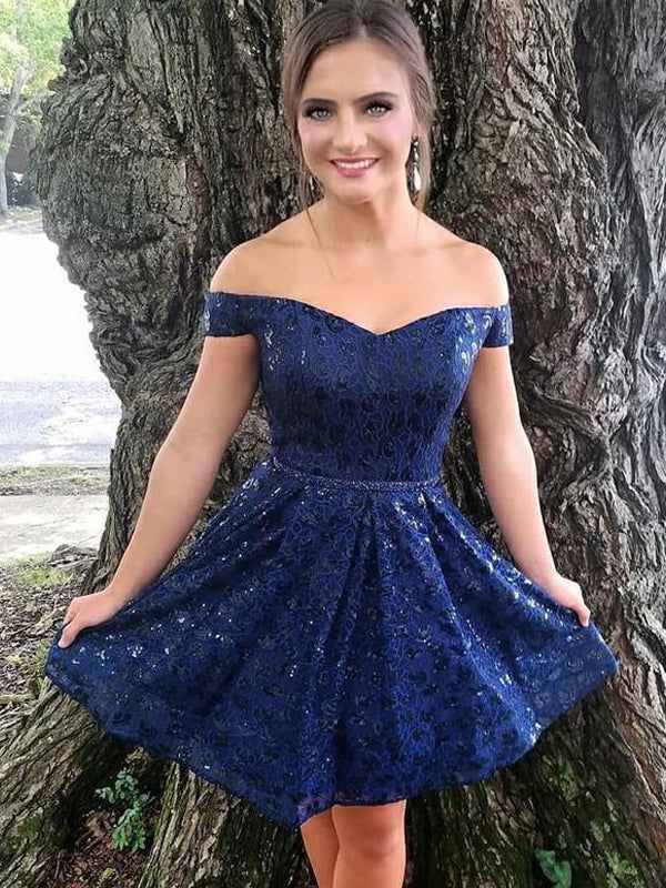 Off Shoulder Royal Blue Sequin Lace Homecoming Dresses,HD0049 – AlineBridal