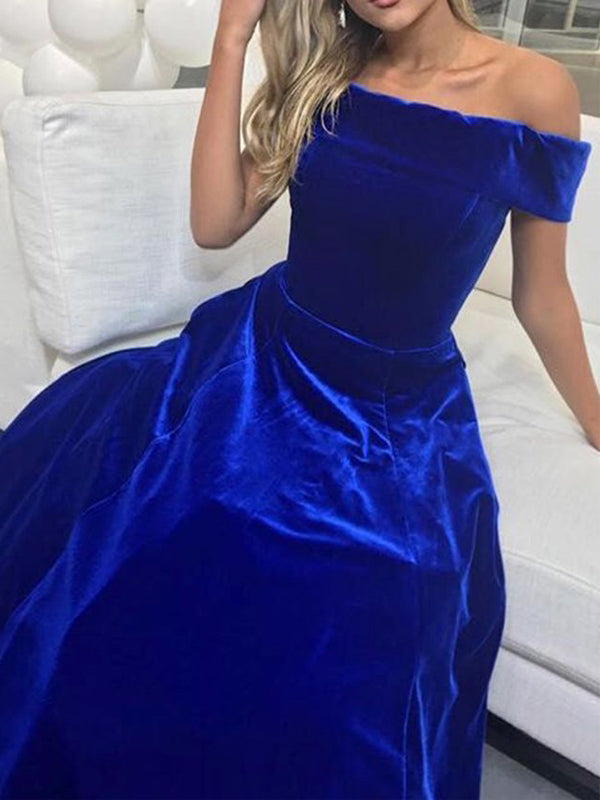 Off Shoulder Royal Blue Velvet Elegant A-line Prom Dresses,PD00322 AlineBridal Off Shoulder Royal Blue Velvet Elegant A-line Prom Dresses,PD00322 AlineBridal
