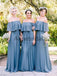 Off Shoulder Sky Blue Chiffon Boho Wedding Bridesmaid Dresses, AB4086