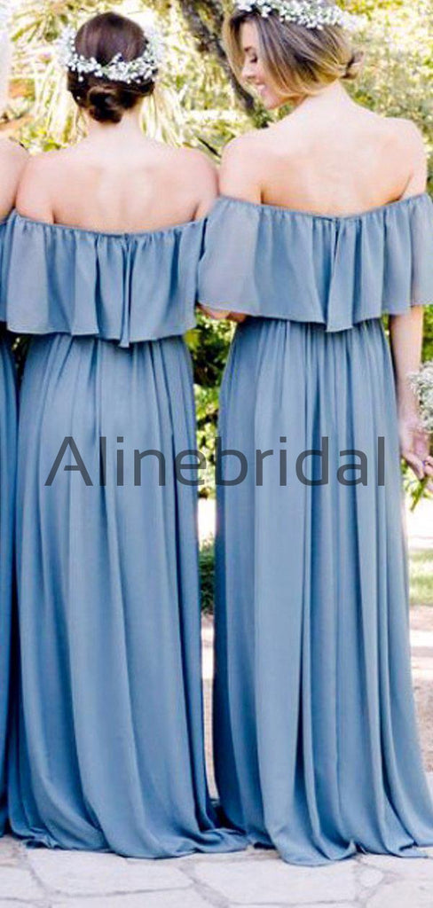 Off Shoulder Sky Blue Chiffon Boho Wedding Bridesmaid Dresses, AB4086