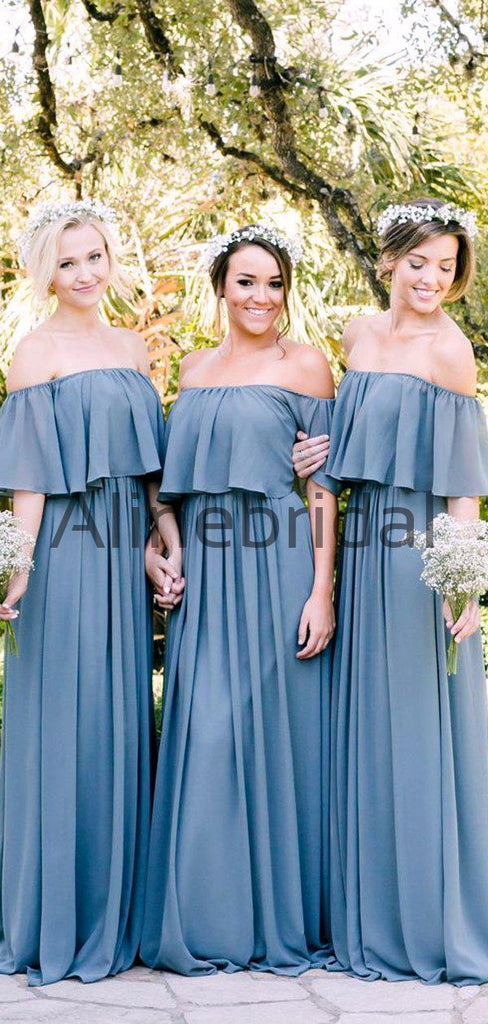 Off Shoulder Sky Blue Chiffon Boho Wedding Bridesmaid Dresses, AB4086