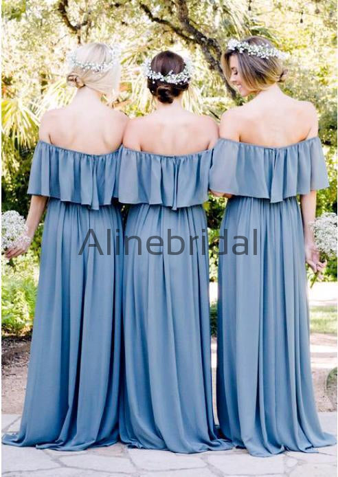 Off Shoulder Sky Blue Chiffon Boho Wedding Bridesmaid Dresses, AB4086