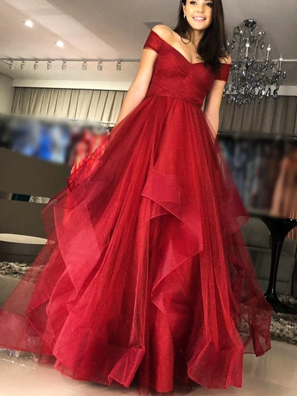 Off Shoulder Sparkly Red Sequin Tulle Ruffles Ball Gown Prom Dresses.PD00261