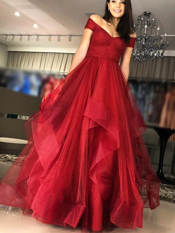 Off Shoulder Sparkly Red Sequin Tulle Ruffles Ball Gown Prom Dresses.P AlineBridal Off Shoulder Sparkly Red Sequin Tulle Ruffles Ball Gown Prom Dresses.P AlineBridal