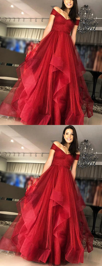 Off Shoulder Sparkly Red Sequin Tulle Ruffles Ball Gown Prom Dresses.PD00261