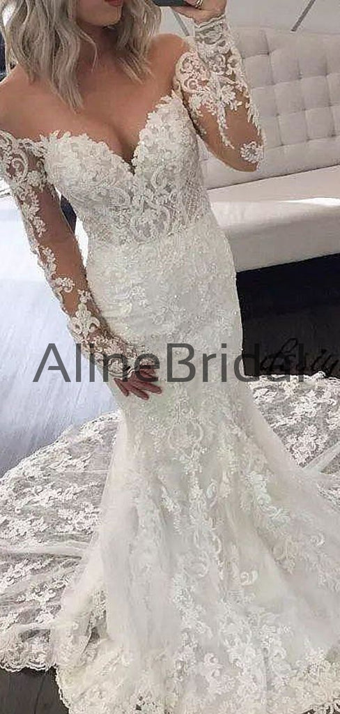 Off Shoulder Stunning Lace Illusion Long Sleeve Mermaid Vintage Wedding Dresses, AB1561