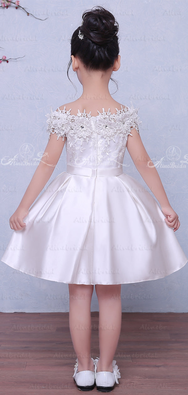 Off Shoulder Wite Satin Handmade Flower Applique Flower Girl Dresses,   AlineBridal