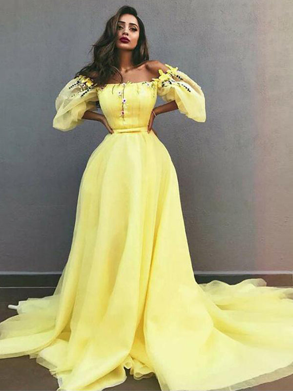 Off Shoulder Yellow Tulle Applique Unique Fashion Prom Dresses,PD00368 – AlineBridal