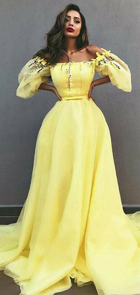 Off Shoulder Yellow Tulle Applique Unique Fashion Prom Dresses,PD00368