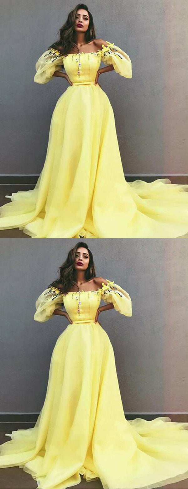 Off Shoulder Yellow Tulle Applique Unique Fashion Prom Dresses