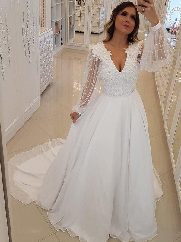 Off White Chiffon Beading Sheer Long Sleeve A-line Wedding Dresses , AB1537