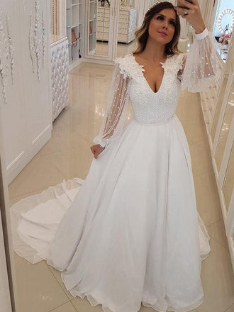 Popular Off Shoulder Long A-line White Chiffon Sexy Lace Wedding Dresses, WD0138