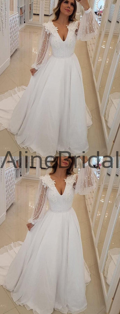 Off White Chiffon Beading Sheer Long Sleeve A-line Wedding Dresses , AB1537