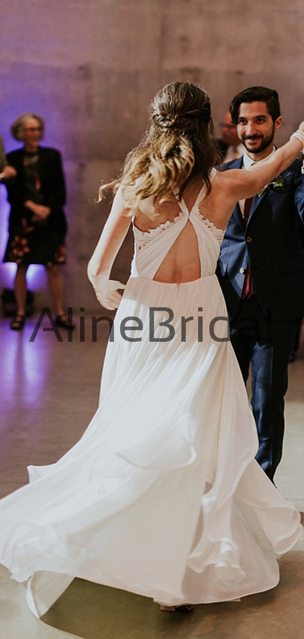 Off White Chiffon Open Back Sleeveless A-line Beach Wedding Dresses, A AlineBridal Off White Chiffon Open Back Sleeveless A-line Beach Wedding Dresses, A AlineBridal