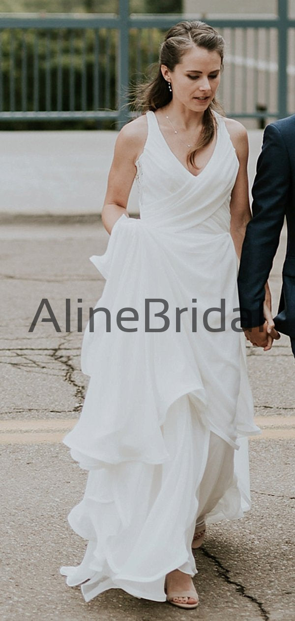 Off White Chiffon Open Back Sleeveless A-line Beach Wedding Dresses, A AlineBridal Off White Chiffon Open Back Sleeveless A-line Beach Wedding Dresses, A AlineBridal