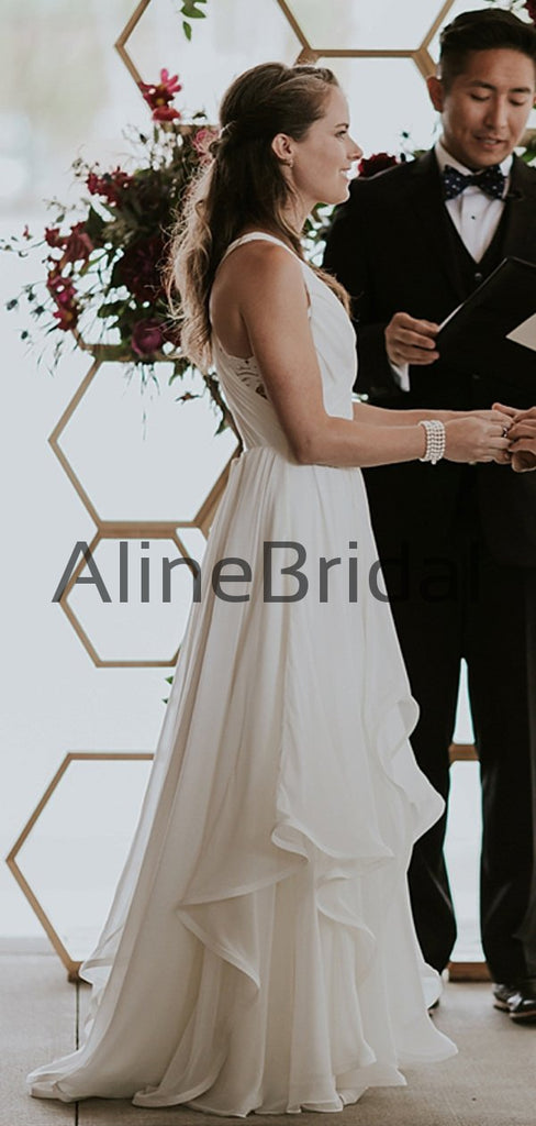 Off White Chiffon Open Back Sleeveless A-line Beach Wedding Dresses, AB1569