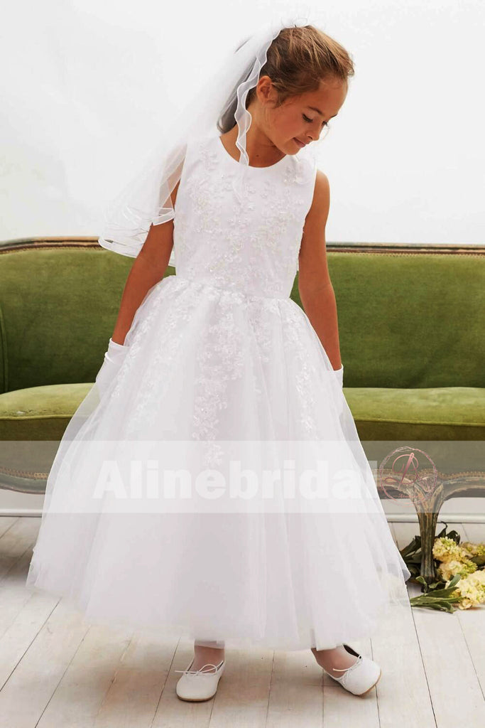 Off White Lace Tulle Classic Round Neck Flower Girl Dresses, FGS061
