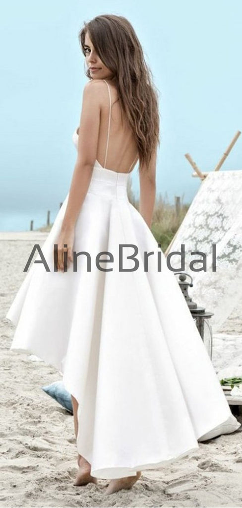 Off White Satin Spaghetti Strap High Low Beach Wedding Dresses, AB1547