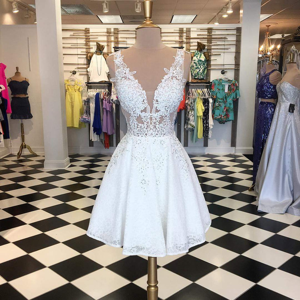 White Lace Bead See Through Sleeveless Fashion Homecoming Dresses,PD01 AlineBridal White Lace Bead See Through Sleeveless Fashion Homecoming Dresses,PD01 AlineBridal