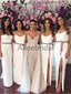 Off White Spaghetti Strap Slit Sheath Rose Ribbon Bridesmaid Dresses, AB4058