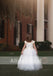 Off White Tulle Ivory Applique With Beads Cap Sleeve Long Flower Girl Dresses, FGS089