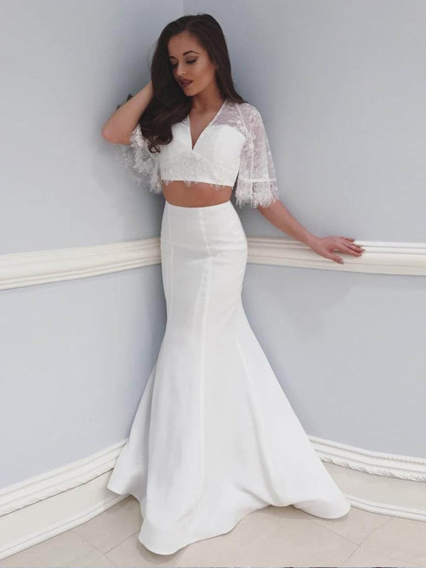 Off White Two Piece Lace Mermaid Boho Half Sleeve Wedding Dresses, AB1 AlineBridal Off White Two Piece Lace Mermaid Boho Half Sleeve Wedding Dresses, AB1 AlineBridal
