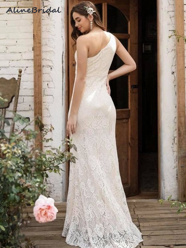Vintage One-shoulder Sleeveless Lace Side-slit Mermaid Wedding Dress, WD3007