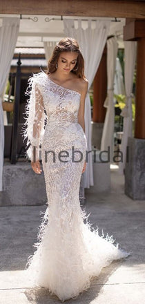 One Shoulder Mermaid Lace Modest Long Wedding Dresses WD0580