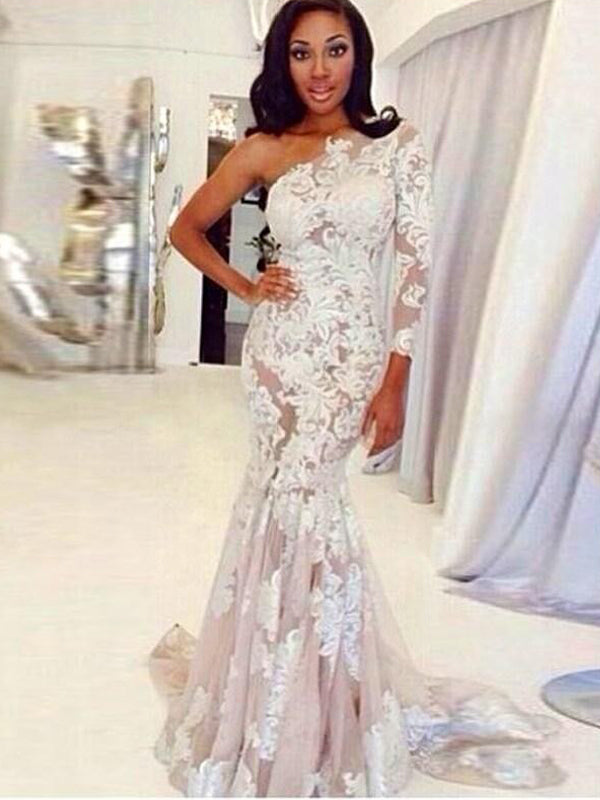 One Shoulder Long Sleeve Nude Tulle Ivory Lace Mermaid Wedding Dresses AB1556