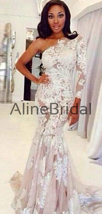 One Shoulder Long Sleeve Nude Tulle Ivory Lace Mermaid Wedding Dresses, AB1556