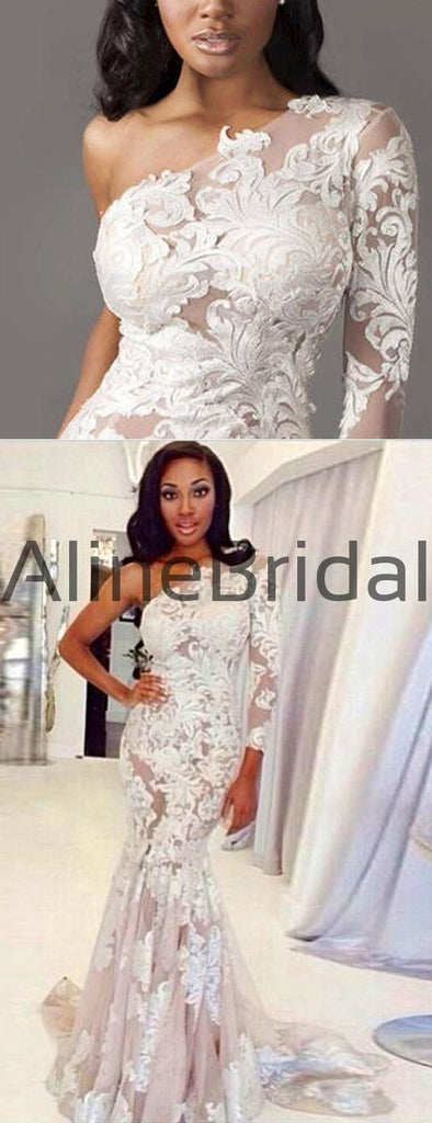 One Shoulder Long Sleeve Nude Tulle Ivory Lace Mermaid Wedding Dresses, AB1556
