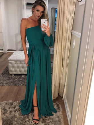 Elegant One Shoulder Long Sleeve Teal Chiffon Prom Dresses,PD00343