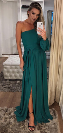 Elegant One Shoulder Long Sleeve Teal Chiffon Prom Dresses,PD00343