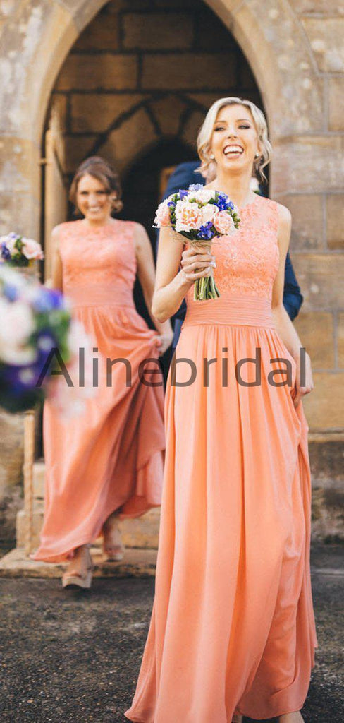 Orange Chiffon Lace Round Neck Sleeveless A-line Bridesmaid Dresses , AB4110