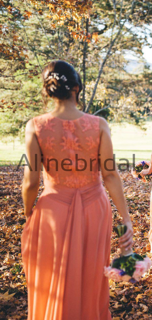 Orange Chiffon Lace Round Neck Sleeveless A line Bridesmaid Dresses AlineBridal