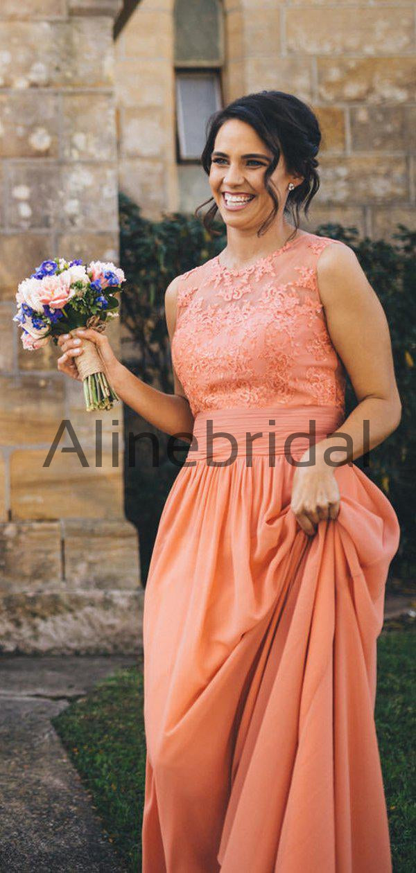 Orange Chiffon Lace Round Neck Sleeveless A line Bridesmaid