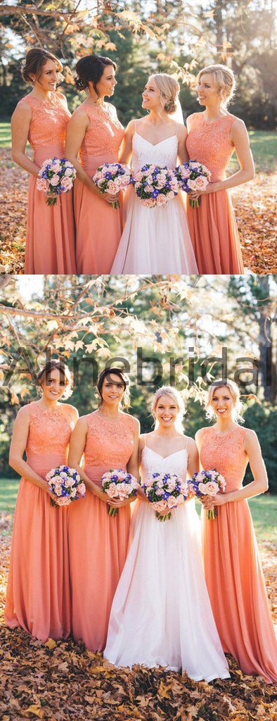 Orange Chiffon Lace Round Neck Sleeveless A-line Bridesmaid Dresses , AB4110