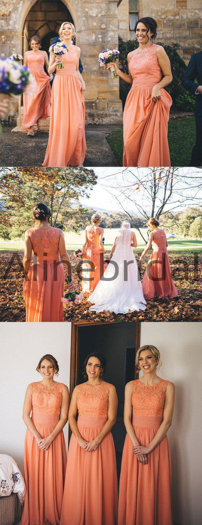 Orange Chiffon Lace Round Neck Sleeveless A-line Bridesmaid Dresses , AB4110