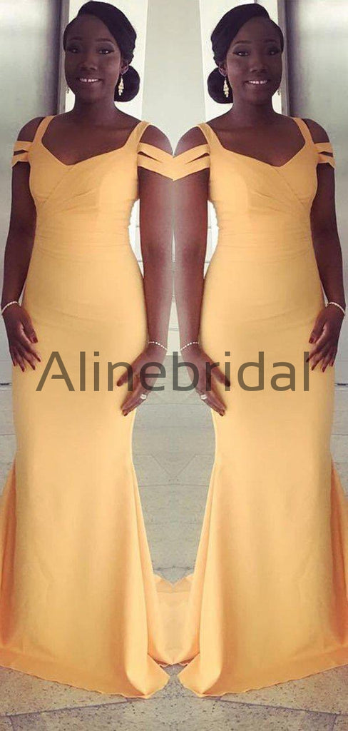 Orange Jersey Off Shoulder Mermaid Long Cheap Bridesmaid Dresses, AB4088