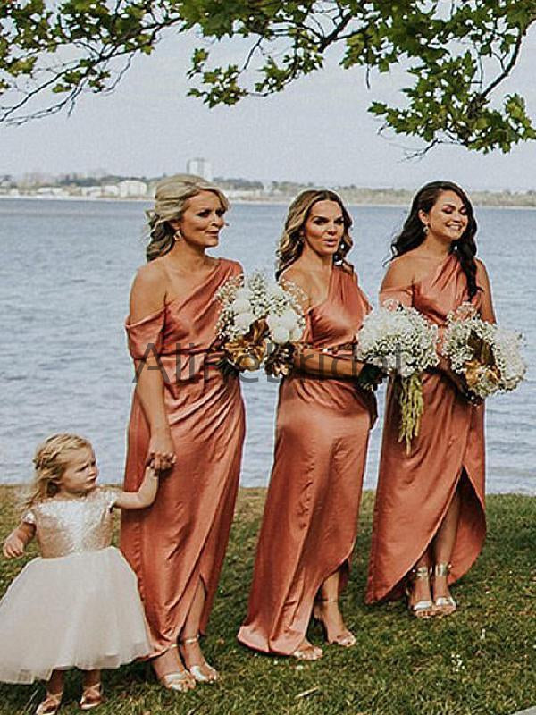 Orange One Shoulder Front Slit Mismatched Bridesmaid Dresses