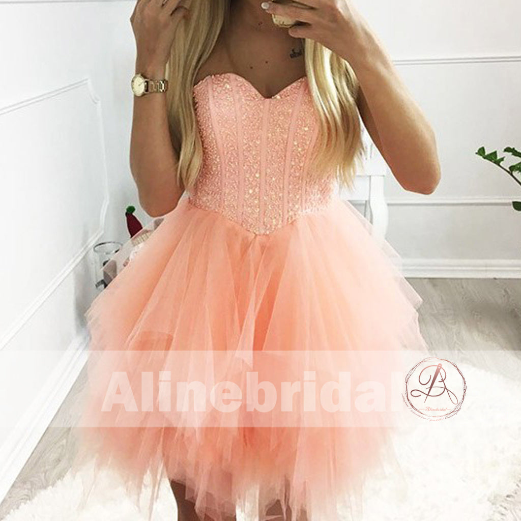 Orange Pink Sparkly Beaded Top Ruffles Tulle Strapless Homecoming Dresses ,HD0009