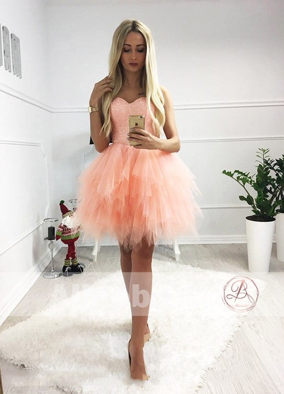 strapless open back dress Straps Orange Tiered Ruffle Short Homecoming Dress – PollyBoutique main image 0