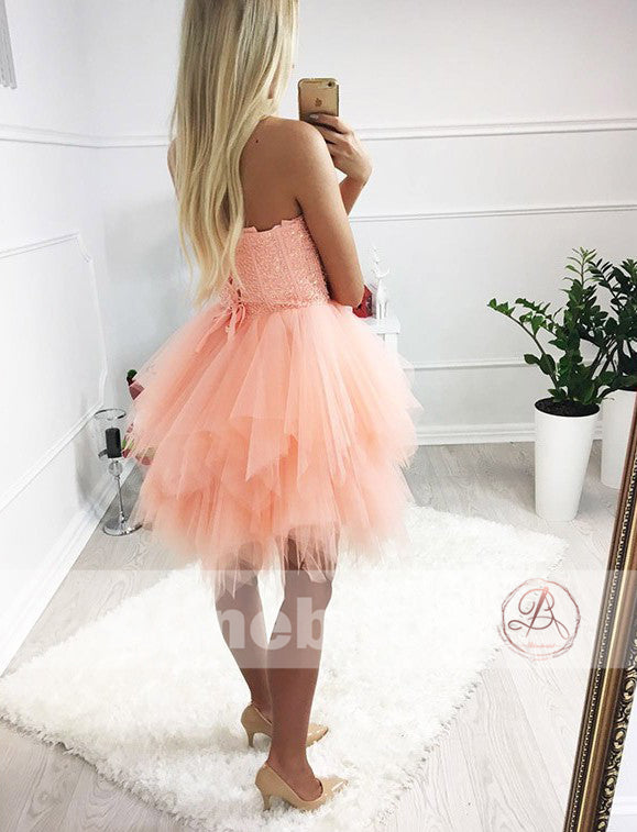 Orange Pink Sparkly Beaded Top Ruffles Tulle Strapless Homecoming Dres AlineBridal Orange Pink Sparkly Beaded Top Ruffles Tulle Strapless Homecoming Dres AlineBridal