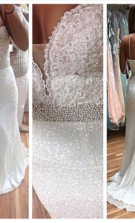 Long white Beaded Spaghetti Straps Mermaid Sexy For teens Evening part Dresses.  PD0256